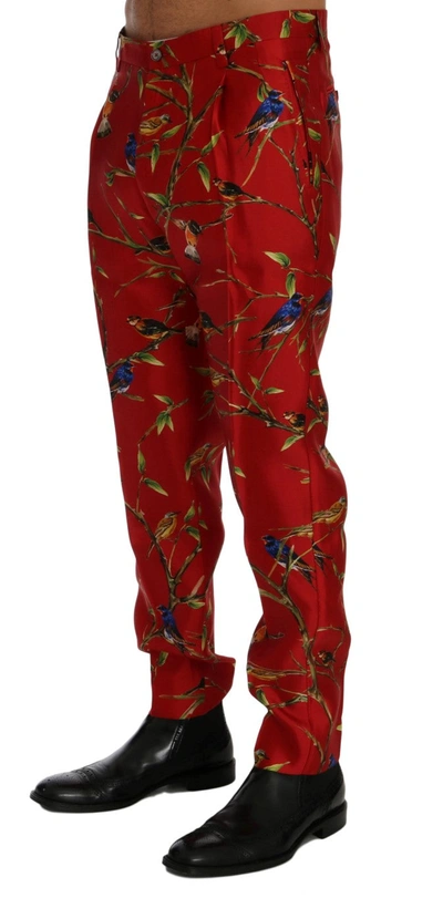 Dolce & Gabbana Red Silk Bird Print Dress Pants In Red