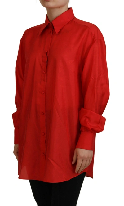 Shop Dolce & Gabbana Elegant Silk Collared Long Sleeve Polo Women's Top In Red