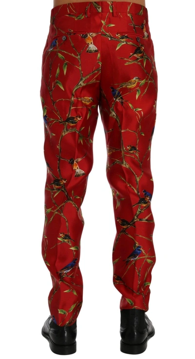 Dolce & Gabbana Red Silk Bird Print Dress Pants In Red