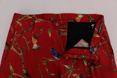 Dolce & Gabbana Red Silk Bird Print Dress Pants In Red