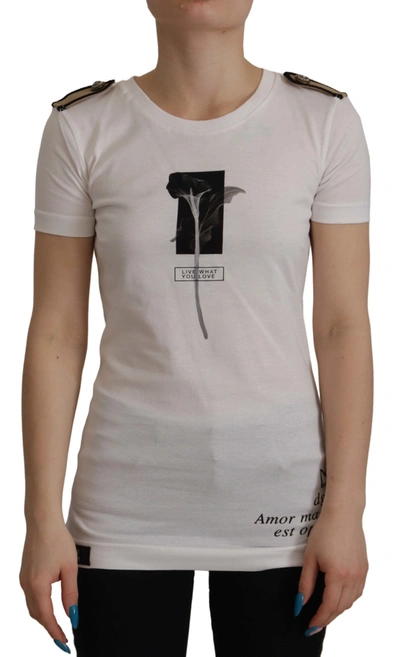 Dolce & Gabbana White Black Roses Crewneck Cotton  T-shirt In White