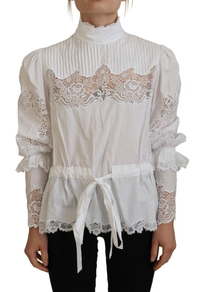 Shop Dolce & Gabbana Elegant White Lace Trim Cotton Women's Blouse