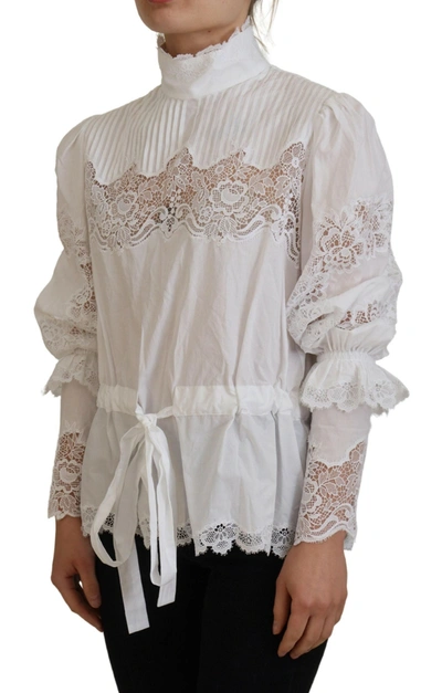 Dolce & Gabbana White Cotton Lace Trim Turtle Neck Blouse Top In White