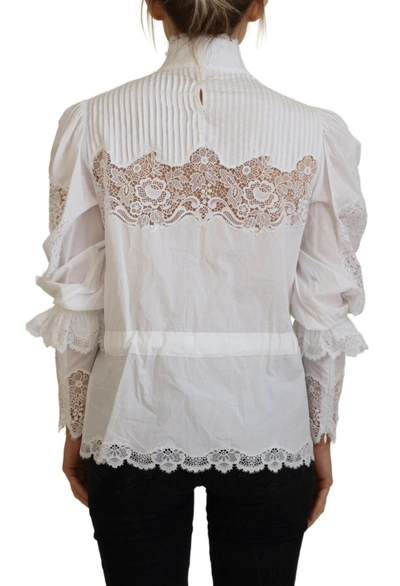 Dolce & Gabbana White Cotton Lace Trim Turtle Neck Blouse Top In White