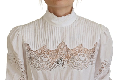 Dolce & Gabbana White Cotton Lace Trim Turtle Neck Blouse Top In White