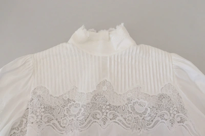 Dolce & Gabbana White Cotton Lace Trim Turtle Neck Blouse Top In White