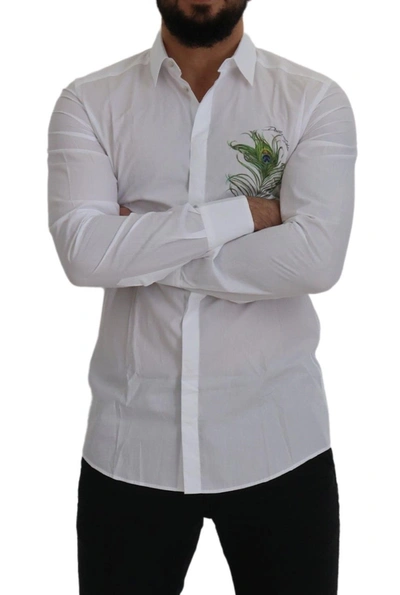 Dolce & Gabbana White Cotton Peacock Feather Formal Gold Shirt In White