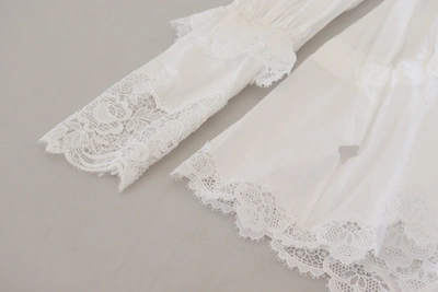 Dolce & Gabbana White Cotton Lace Trim Turtle Neck Blouse Top In White