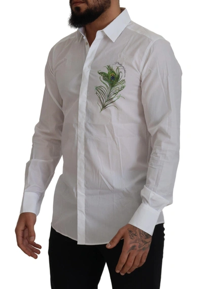 Shop Dolce & Gabbana Elegant White Peacock Feather Dress Men's Shirt