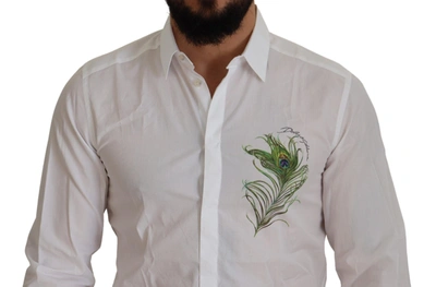 Dolce & Gabbana White Cotton Peacock Feather Formal Gold Shirt In White