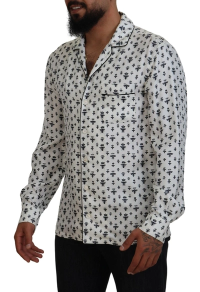 Shop Dolce & Gabbana Elegant Silk Pajama Top With Crown Bee Men's Print In Off White