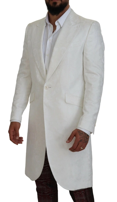 Shop Dolce & Gabbana Elegant White Floral Brocade Trench Men's Coat