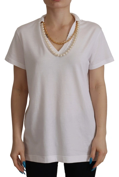 Shop Dolce & Gabbana Stunning V-neckline Logo Embellished Women's Tee In White