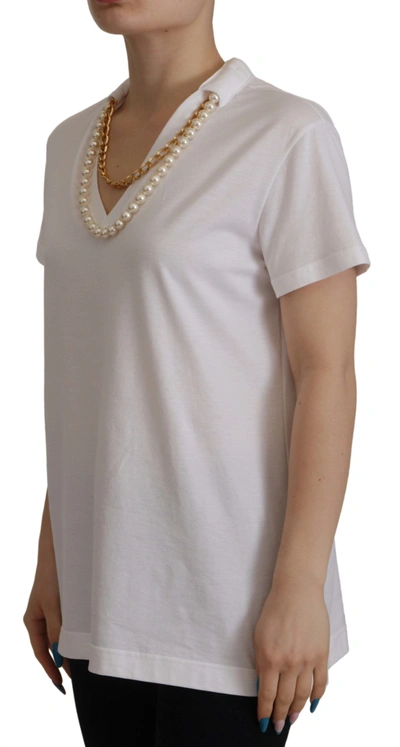 Dolce & Gabbana White Necklace Embellished Neckline T-shirt Top In White