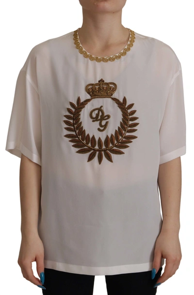 Shop Dolce & Gabbana Elegant Silk Blouse With Gold Crown Women's Embroidery In White