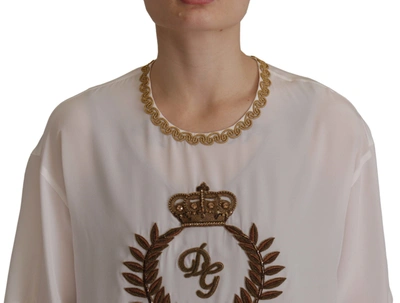 Dolce & Gabbana White Silk Gold Dg Crown Crystal Blouse Top In White