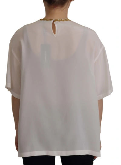 Dolce & Gabbana White Silk Gold Dg Crown Crystal Blouse Top In White