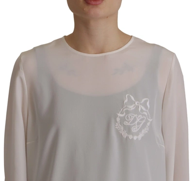 Dolce & Gabbana White Silk Dg Logo Embroidered Long Sleeves Blouse In White