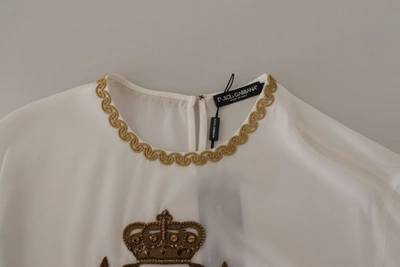 Dolce & Gabbana White Silk Gold Dg Crown Crystal Blouse Top In White