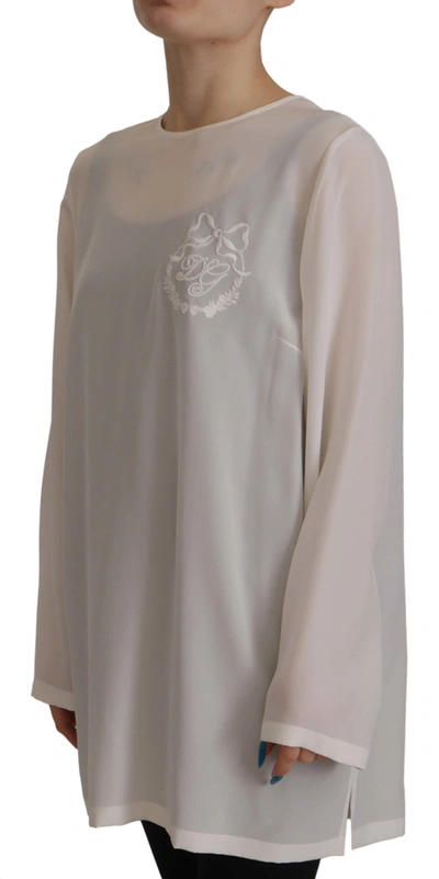Dolce & Gabbana White Silk Dg Logo Embroidered Long Sleeves Blouse In White
