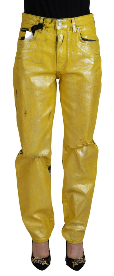 Dolce & Gabbana Yellow Leopard Cotton Straight Denim Jeans In Yellow