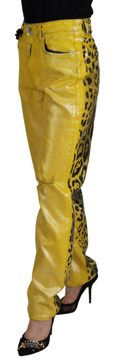 Dolce & Gabbana Yellow Leopard Cotton Straight Denim Jeans In Yellow