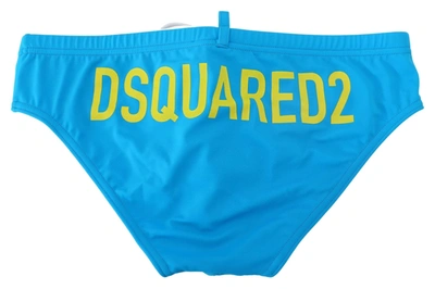 Shop Dsquared² Sleek Blue Swim Briefs With Yellow Logo Men's Print