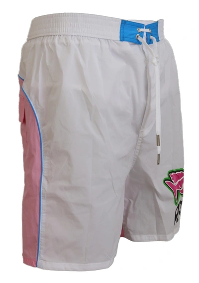 Dsquared2 White Pink Logo Print Men Beachwear Shorts Swimwear In White