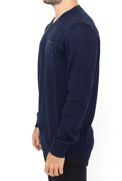 Ermanno Scervino Blue Wool Blend V-neck Pullover Men's Sweater In Blue