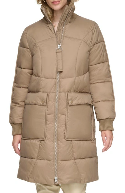 Andrew Marc Ribbed Collar Long Puffer Jacket In Mushroom