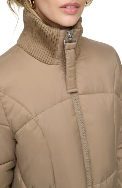 Andrew Marc Ribbed Collar Long Puffer Jacket In Mushroom