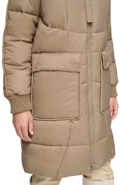 Andrew Marc Ribbed Collar Long Puffer Jacket In Mushroom