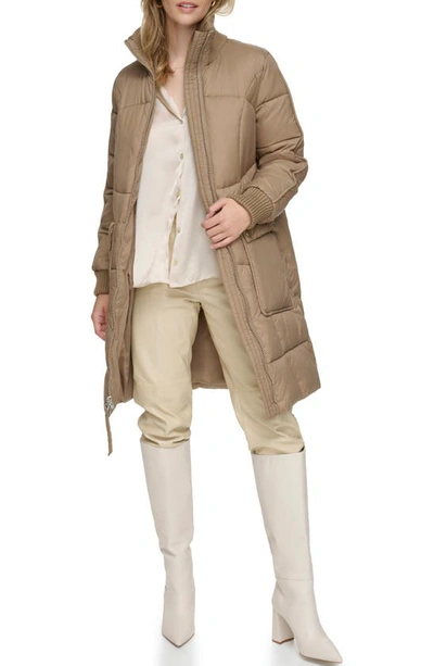 Andrew Marc Ribbed Collar Long Puffer Jacket In Mushroom