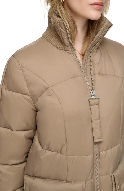Andrew Marc Ribbed Collar Long Puffer Jacket In Mushroom