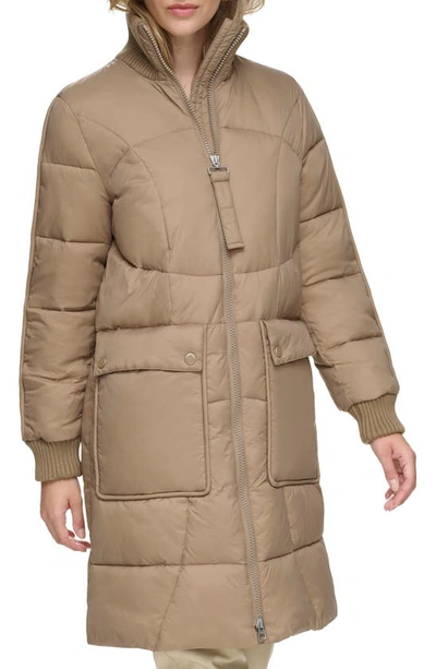 Andrew Marc Ribbed Collar Long Puffer Jacket In Mushroom