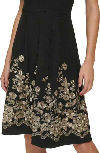 Shop Calvin Klein Embroidered Fit & Flare Dress In Black/ Gold