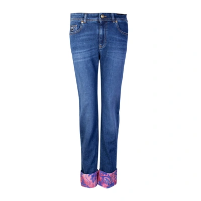 Shop Versace Jeans Chic Cuffed Denim Pants With Printed Women's Details In Blue