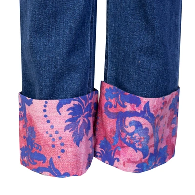 Shop Versace Jeans Chic Cuffed Denim Pants With Printed Women's Details In Blue