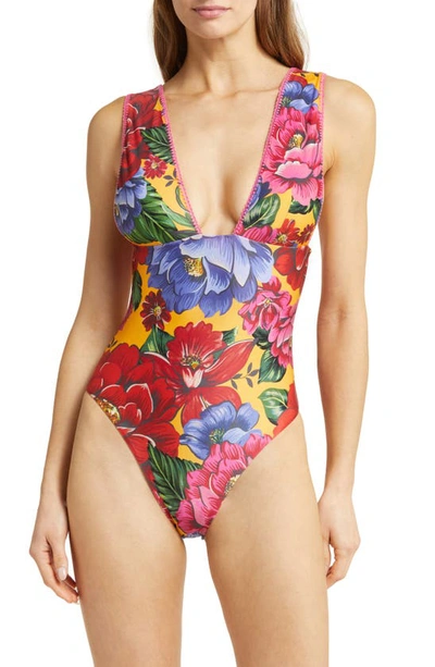 Shop Farm Rio Floral One-piece Swimsuit In Green / Yellow