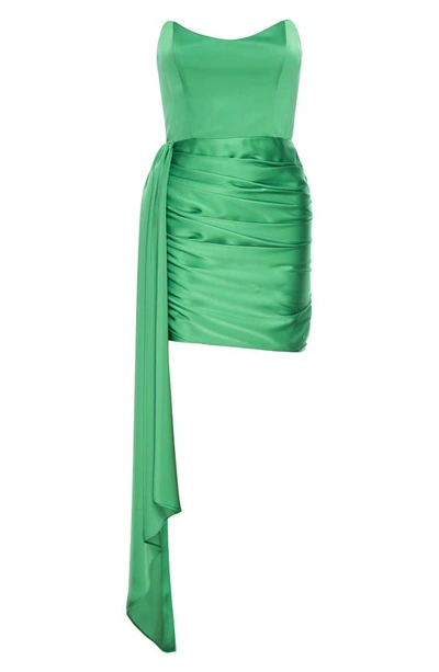 Shop Katie May Chasing Dawn Side Drape Strapless Satin Minidress In Emerald