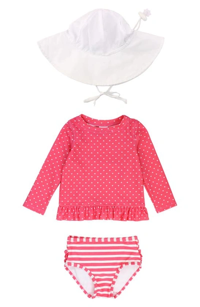 Shop Rufflebutts Two-piece Rashguard Swimsuit & Hat Set In Pink Heart Polka Dot