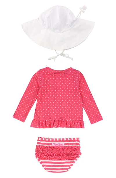 Rufflebutts Two-piece Rashguard Swimsuit & Hat Set In Pink Heart Polka Dot