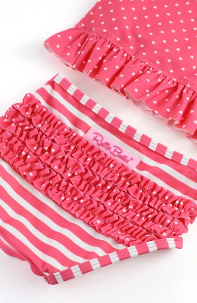 Rufflebutts Two-piece Rashguard Swimsuit & Hat Set In Pink Heart Polka Dot