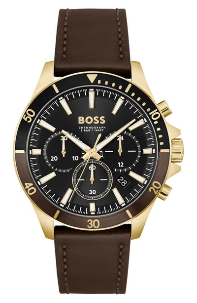 Shop Hugo Boss Troper Chronograph Leather Strap Watch In Brown