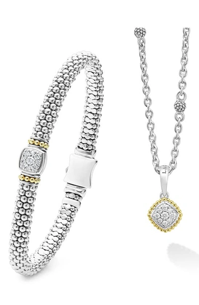Shop Lagos Diamond Necklace & Earrings Set In Silver/ Gold
