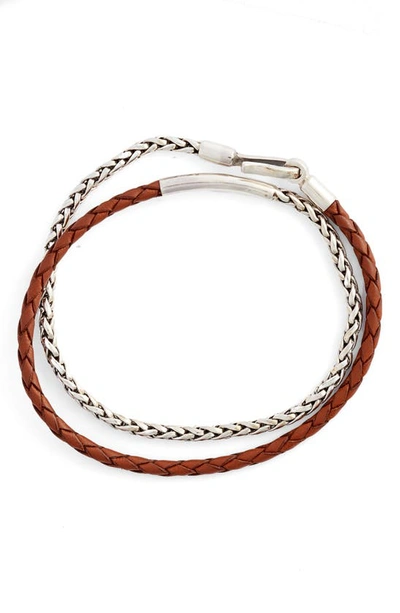 Shop Caputo & Co Braided Sterling Silver & Leather Double Wrap Bracelet In Tan