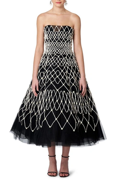 Shop Carolina Herrera Embroidered Strapless Chiffon Gown In Black/ Pearl