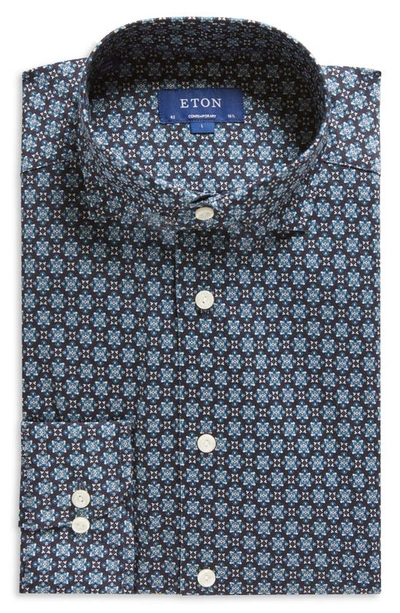 Shop Eton Contemporary Fit Floral Medallion Knit Dress Shirt In Dark Blue