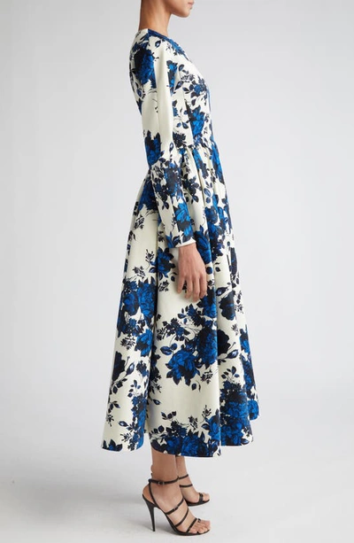 Shop Emilia Wickstead Annie Floral Long Sleeve Taffeta Faille A-line Dress In Blue Festive Bouquet