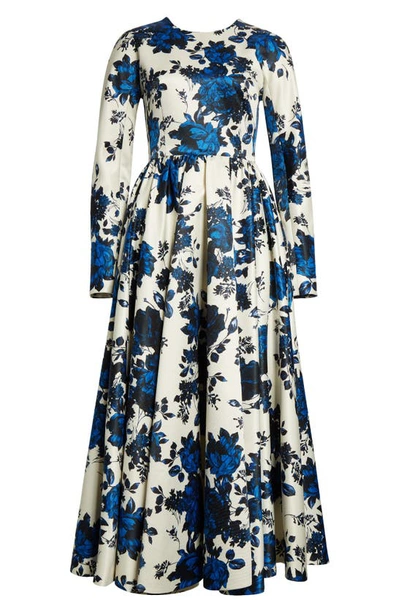 Shop Emilia Wickstead Annie Floral Long Sleeve Taffeta Faille A-line Dress In Blue Festive Bouquet